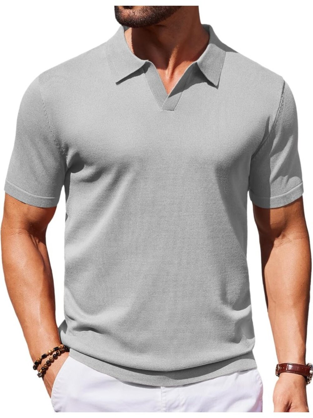 Men's Grey 100% Polyester V Neck Short Sleeve Stretch Knit Polo Shirt